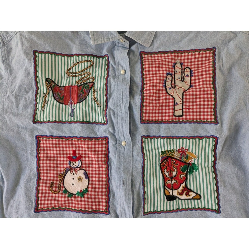 Vintage 90s Western Embroidered Christmas Denim Shirt Size 14 Large Cowboy - Picture 3 of 12